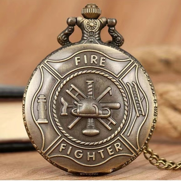 Pocket Watch Firefighter Flip Open Chained Patriotic Retro Quartz Bronze Gift - Picture 3 of 13